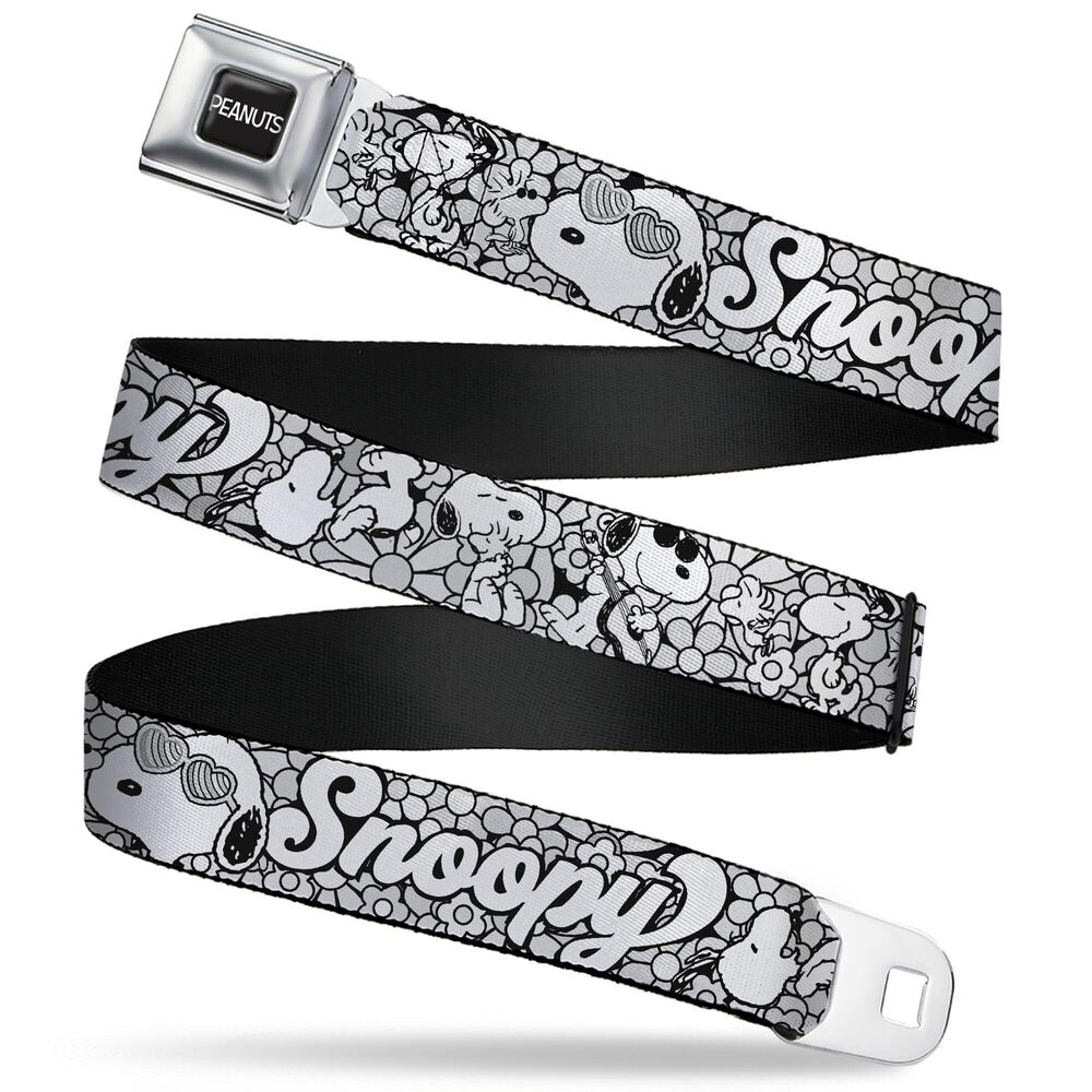 3583 Peanuts Belt, Seatbelt Buckle Belt, Snoopy Poses and Daisy Flowers